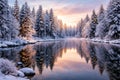 Winter Forest Landscape With Snow Covered Trees And Calm River Reflection At Sunrise Royalty Free Stock Photo