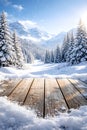 Peaceful Winter Landscape With Snowy Forest Mountains And Wooden Deck Foreground Royalty Free Stock Photo