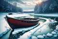 Winter scenery fishing boat on frozen river by AI Generated Royalty Free Stock Photo