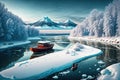 Winter scenery fishing boat on frozen river by AI Generated Royalty Free Stock Photo