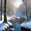 AI generated winterscape consisting of snowclad trees and a water stream flowing through a jungle Royalty Free Stock Photo