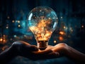 Close-Up of Human Hands Holding Glass Lightbulb with Circuit Effect - AI Generated