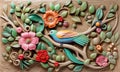 Painted wood plank carving, floral design with bird. Generative AI. Royalty Free Stock Photo