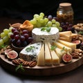 AI generated wooden board filled with assorted cheeses, fruits and nuts