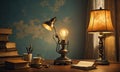 A lamp is on a table with a book and a cup of coffee. Royalty Free Stock Photo