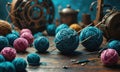 A table full of yarn and knitting needles. Royalty Free Stock Photo