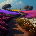Fictional landscapes of lavender fields, farms, and agriculture made with high-quality generative AI. Royalty Free Stock Photo