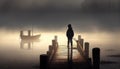 Silhouette of Boy Fishing, Misty Dawn, Made with Generative AI