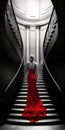 AI generated young female in red dress standing on stairway