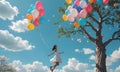 A woman is jumping in the air with a bunch of balloons in her hand. Royalty Free Stock Photo