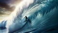 AI generated young male surfer riding the crest of a large ocean wave on a surfboard