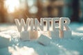AI generates image. 3D winter typography with sugar cube base on snowy surface and warm sunlight