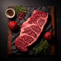 AI Generates Image of Delicious Fresh Juicy medium Beef Rib Eye steak slices in pan on wooden board with fork