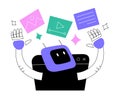 AI generates images, text and videos, cute robot reaching out computer screen, holding file icons, vector illustration Royalty Free Stock Photo