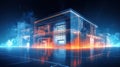 AI Generating picture of a modern transparent commercial building with a neon light.