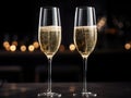 Ai generation. Close up of two glasses with bubbly champagne on a background of blurry sparkles. The concept of a Royalty Free Stock Photo