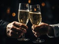 Ai generation. Close up of two hands with champagne glasses making toast. Two hands clinking champagne glasses. Royalty Free Stock Photo