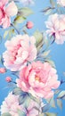 AI generation. Hand drawn illustration with peony flowers on blue background.