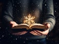 Ai generation. Man opened a magic book with growing lights and magic powder. Christmas reading concept. Royalty Free Stock Photo