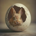 AI generation photography, nose of a rabbitt poking through a small hole in an egg