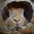 AI generation photography, nose of a rabbitt poking through a small hole in an egg