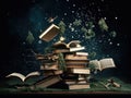 Ai generation. Stack of old books and flying books with golden pollen and Christmas tree branches on dark background Royalty Free Stock Photo