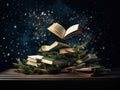 Ai generation. Stack of old books and flying books with golden pollen and Christmas tree branches on dark background Royalty Free Stock Photo