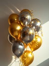 AI generation. White, black, gold and silver balloons and confetti on white background. Holiday and birthday concept. Royalty Free Stock Photo
