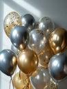 AI generation. White, black, gold and silver balloons and confetti on white background. Holiday and birthday concept. Royalty Free Stock Photo