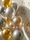 AI generation. White, black, gold and silver balloons and confetti on white background. Holiday and birthday concept. Royalty Free Stock Photo