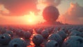 Surreal Landscape with Spheres and a Distant Futuristic Structure Under a Fiery Sunset Royalty Free Stock Photo