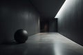 Ai Generative Abstract dark interior with concrete floor and black ball. 3D Rendering