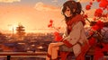 Ai generative anime illustration, teenager girl on a roof top