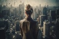 AI Generative Back view of businesswoman looking at skyscrapers represents Youthful Courage in the business world