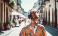 Ai generative. Back view stylish young woman wearing wireless headphones on her head