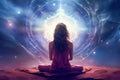 Ai generative. Back view, young woman meditating in front of space Royalty Free Stock Photo