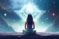 Ai generative. Back view, young woman meditating in front of space