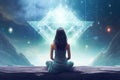 Ai generative. Back view, young woman meditating in front of space Royalty Free Stock Photo