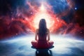 Ai generative. Back view, young woman meditating in front of space