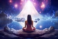 Ai generative. Back view, young woman meditating in front of space Royalty Free Stock Photo