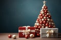 Ai Generative Background of christmas tree and red gift box on a christmas empty background with copy space