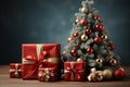 Ai Generative Background of christmas tree and red gift box on a christmas empty background with copy space