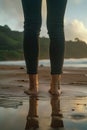 Bare feet standing on a wet beach, jeans rolled up. Royalty Free Stock Photo