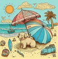 AI generative Beach with a dog and an umbrella. Hand drawn illustration