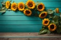 Beautiful floral sunflowers on teal rustic wood banner with copy space text