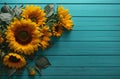 Beautiful floral sunflowers on teal rustic wood banner with copy space text