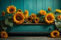 Beautiful floral sunflowers on teal rustic wood banner with copy space text