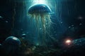 Ai Generative Beautiful jellyfish swimming in the ocean. Underwater world in the deep blue sea Royalty Free Stock Photo