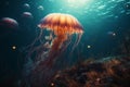 Ai Generative Beautiful jellyfish swimming in the ocean. Underwater world in the deep blue sea Royalty Free Stock Photo