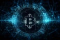 Ai Generative Bitcoin icon hologram on blue background. Cryptocurrency concept. 3D Rendering